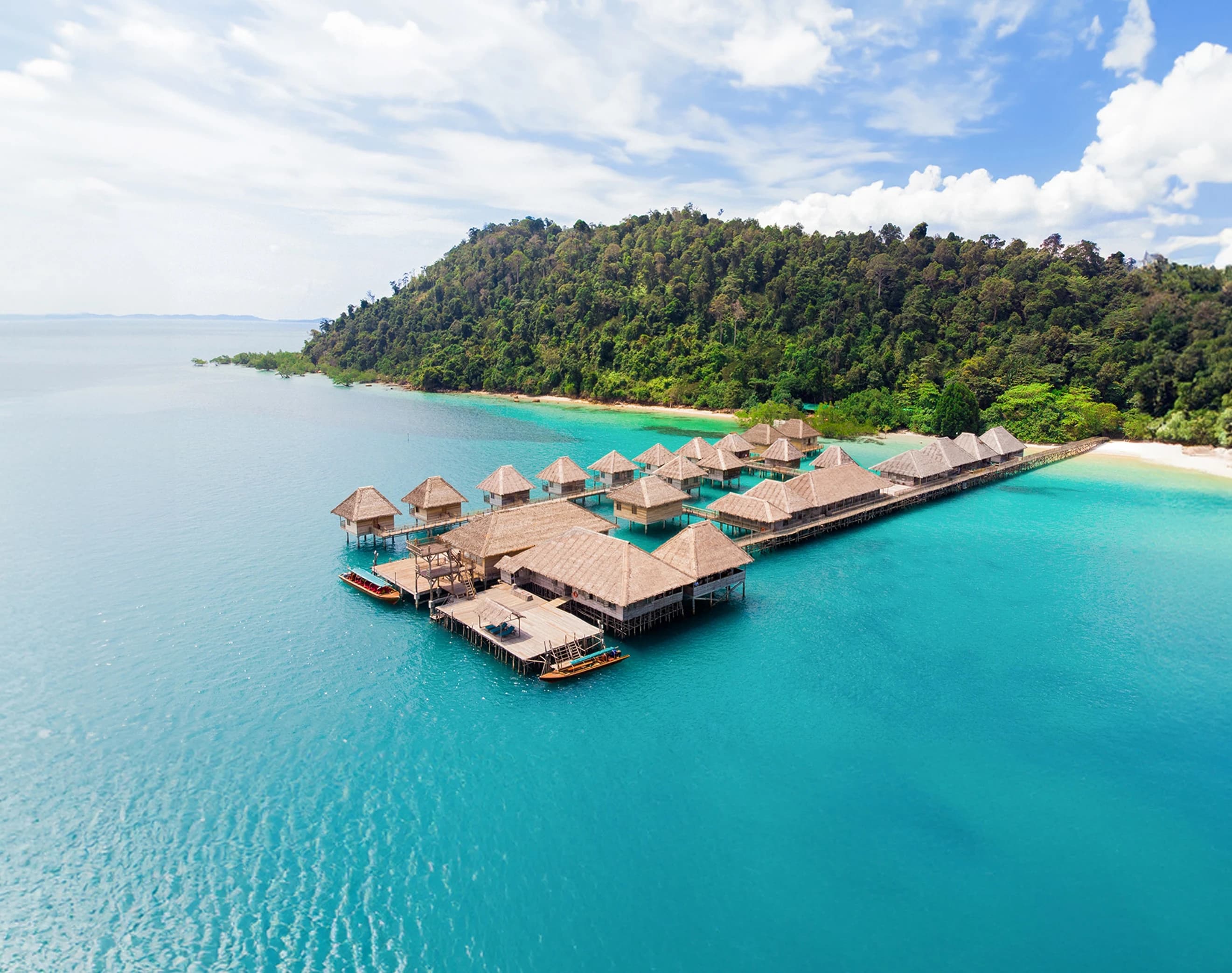 Telunas Beach Resort overwater bungalows aerial