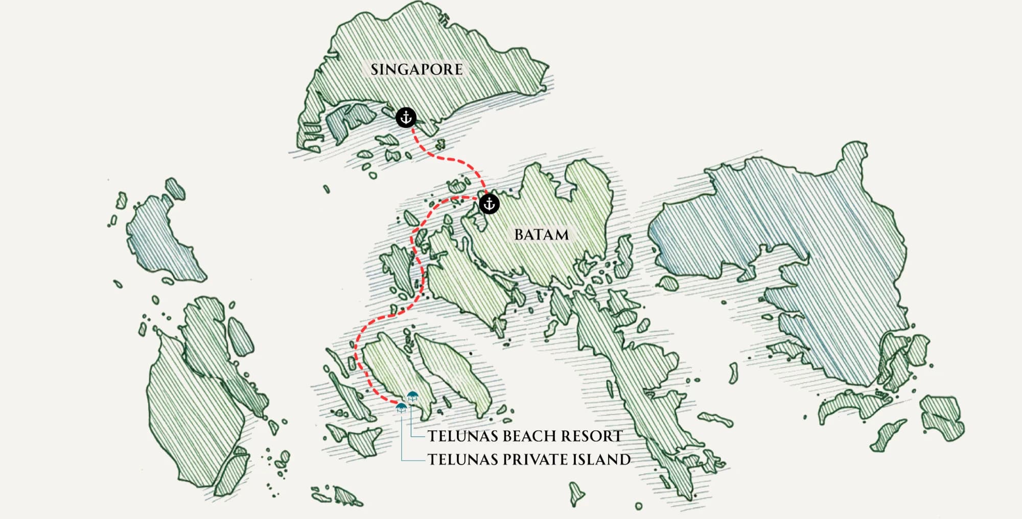 Map showing route from Singapore to Batam to Telunas Resorts in the Riau Islands